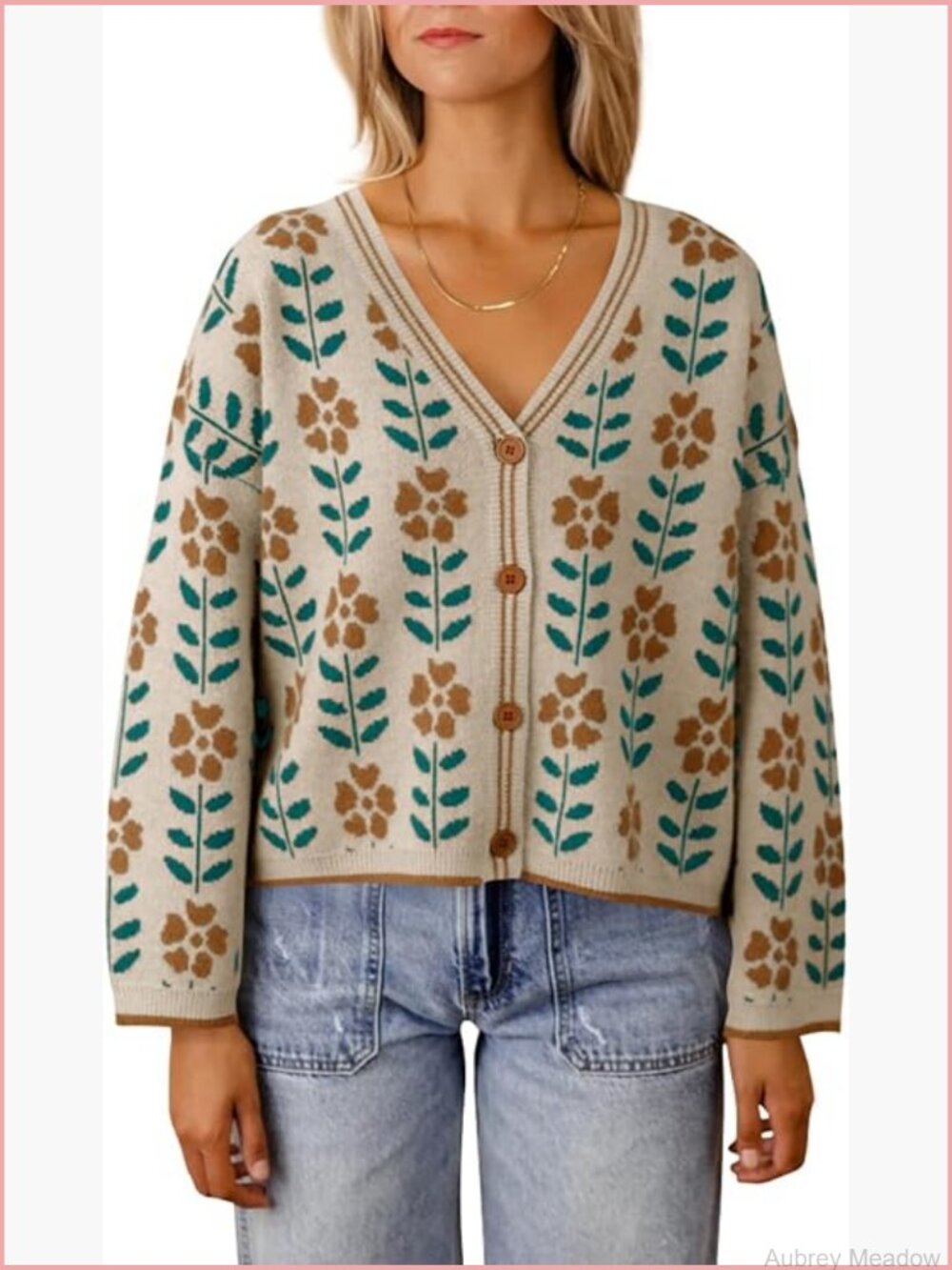 Floral V-Neck Cardigan Open Front Button Down Knit Long Sleeve - Picture 1 of 7